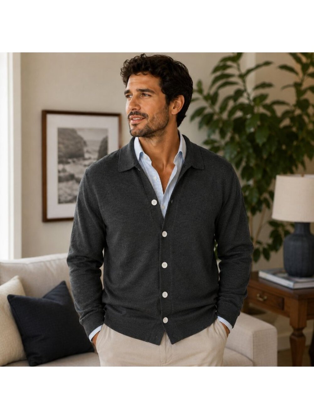 Dark Gray Button-Up Cardigan Sweater LS Collared Medium Lightweight Minimalist
